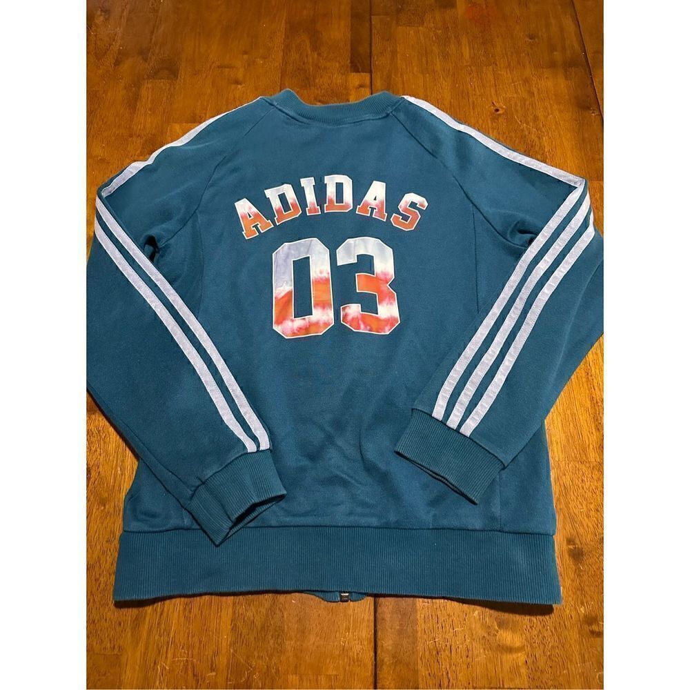 Adidas Youth Girls Size Medium 11/12 Teal & Floral Cotton Track Full Zip Jacket